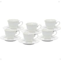 Cj 6 xícaras ché porcelana c/ pires maldivas branco c/ fio ouro 180ml