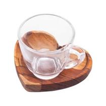 Cj 6 Xícaras de Café de Cristal com Pires em Madeira Teca Coração 75ml - Wolff - 7895730132304