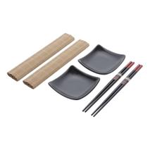 Cj 6pc Sushi de Bambu e Cerâmica Sendai Amadeirado e Preto