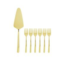 Cj.7 Peças Espatula p/Bolo e 6 Garfos p/Sobremesa Viena Aço Inox Dourado Wolff