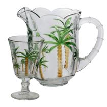 Cj 7pc jarra c/6 tacas de cristal palm tree hand painting