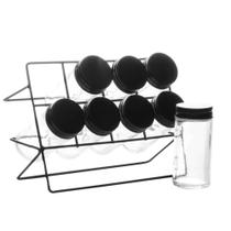 Cj 8 potes vidro borossilicato c/tampa e suporte de metal preto