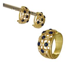 Cj Anel Bombe Brinco Ear Hook Safira Diamante Natural Ouro Dourado 17