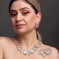 CJ Brinco e Colar Luxo Quadrado Zircônia Cristal Ouro