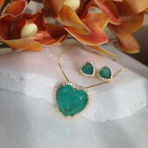 CJ Brinco e Colar Pedra Coração Fusion Verde