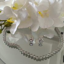 CJ Brinco e Colar Riviera Ponto Zircônia Cristal Prata