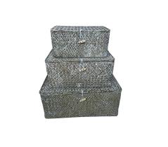 Cj de cestas em fibra vegetal marrom com branco 3pcs