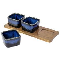 Cj de Porta Aperitivos de Cerâmica Azul e Base de Madeira 3 Pcs