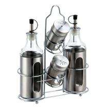 Cj.Galheteiro c/5 Peças de Aço Inox e Vidro 21 x 8 x 27cm