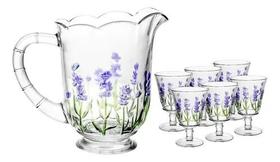 Cj jarra com 6 tacas de cristal de chumbo lavanda hand painting 1,3l/240ml