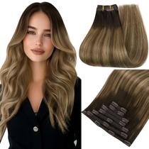 Clipe de cabelo humano Easyouth em extensões Balayage Castanho escuro Extensões de cabelo humano Clipes em Balayage de marrom escuro a loiro mel Clipe em extensões de cabelo Cabelo humano trama dupla 7 unidades 70 g 14 polegadas