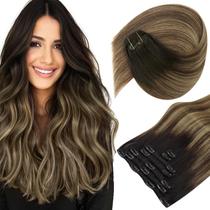 Clipe de cabelo Sunny em extensões de cabelo Clipe de cabelo humano liso em extensões Remy Clip em extensões de cabelo Clipes de extensões de cabelo humano reais em preto, ombre, marrom escuro com loiro caramelo, 14 polegadas