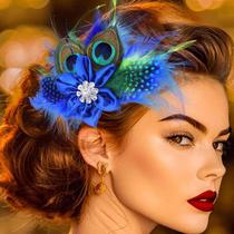 Clipe de cabelo Yokawe 1920s Peacock Feather Royal Blue Satin