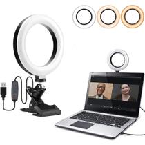 Clipe no monitor de laptop, iluminação de videoconferência, luz circular