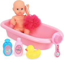 Clique em N' Play Baby Doll Bathtub &amp Accessories Pretend Playset Set of 6, Multicolor