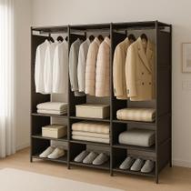Closet Aberto 3 Colunas Metal com Sapateira Preto Organizador Guarda Roupas Funcional para Quarto, Prático e Espaçoso, Design Moderno