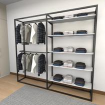 Closet araras, guarda roupas aberto industrial com 19 peças preto e branco fdprb48