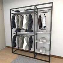 Closet araras, guarda roupas aberto industrial com 20 peças preto e branco fdprb316