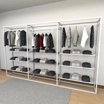 Closet araras, guarda roupas aberto industrial com 21 peças branco e amadeirado fdbrae176