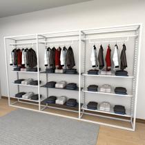 Closet araras, guarda roupas aberto industrial com 21 peças branco e preto fdbrp165