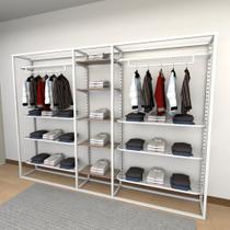 Closet araras, guarda roupas aberto industrial com 26 peças branco e amadeirado fdbrae381