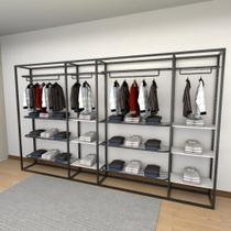 Closet araras, guarda roupas aberto industrial com 32 peças branco e preto fdbrp561