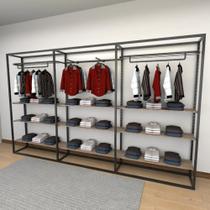 Closet araras, guarda roupas aberto industrial com 35 peças preto e amadeirado fdprae141