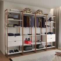 Closet Industrial Casal Completo Loft Branco 4 Módulos Cabideiro com Gavetas Base Cobre