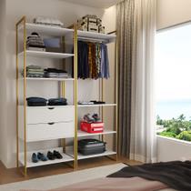 Closet Industrial Casal Loft 2 Módulos Branco Cabideiro com Gavetas Base Dourada