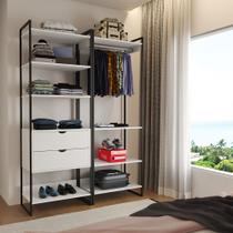 Closet Industrial Casal Loft 2 Módulos Branco Cabideiro com Gavetas Ferro Preto