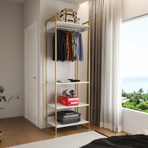 Closet Modulado Estilo Industrial Solteiro Loft Branco Cabideiro Base Dourada