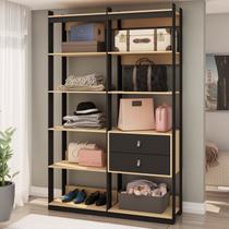 Closet Wood Preto Organização Elegante com Módulo Cabideiro, Prateleira e Gaveta