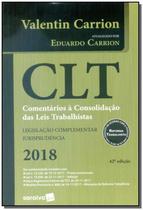 Clt: Comentários À Consolidação das Leis Trabalhistas - Legislação Complementar Jurisprudência 2018 - SARAIVA (JURIDICOS) - GRUPO SOMOS SETS