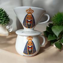 Coador/Filtro de Porcelana + Caneca de 500ml branca - Nossa Senhora Aparecida