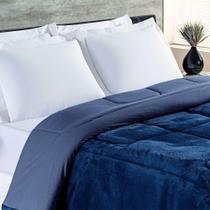 Coberdrom Casal Queen Dupla Face Manta E Malha Quentinho Confortável 1 Peça - Azul Marinho