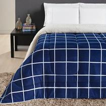 Coberdrom Cobertor Brooklyn Solteiro Sherpa Manta Flannel Quadriculado - Azul Marinho