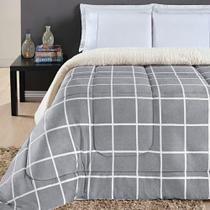 Coberdrom Cobertor Brooklyn Solteiro Sherpa Manta Flannel Quadriculado - Cinza