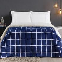 Coberdrom Cobertor Comfort Casal Queen 01 Peça Tecido Sherpa Manta Flannel Quadriculado - Azul - 100% Poliéster