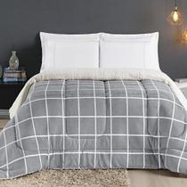 Coberdrom Cobertor Comfort Casal Queen 01 Peça Tecido Sherpa Manta Flannel Quadriculado - Cinza