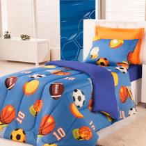 Coberdrom Edredom Solteiro Alegria Dupla Face Futebol- Azul - 100% Poliéster
