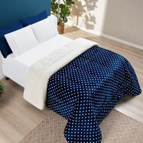 Coberdrom Estampado Sherpa e Flannel Petit Poá Solteiro 01 Peça Manta Alta 150g - Marinho