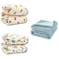 Cobertor 3pçs Bebê Wave Berço Azul e Edredom Dino e Leão