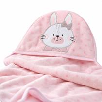 Cobertor Bebê Menina Papi Friends Coelhinha Nina Microfibra Com Capuz Rosa