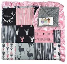 Cobertor de bebê - Minky, Veado, flechas e chifres, rosa com cinza e preto, com babados rosa