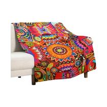 Cobertor De Lã King Size Com Design Colorido Huichol, Cobertor Vintage De Arte Popular, Grande E