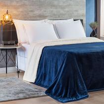 Cobertor Fênix Queen Sherpa Pele de Carneiro + Mantinha Flannel - Azul Marinho