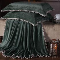 Cobertor Manta Plush Queen Com Pompom Premium 3 Peças Verde