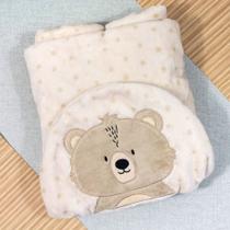 Cobertor microfibra para bebê com capuz bordado urso bege
