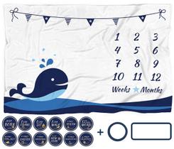 Cobertor Milestone Ello Home Baby Whale Boy (60x100cm) com Adesivos