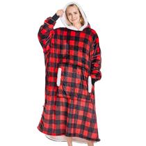 Cobertor vestível com capuz yescool Flannel Sherpa Fleece Red Cobertor vestível com capuz yescool Flannel Sherpa Fleece Red